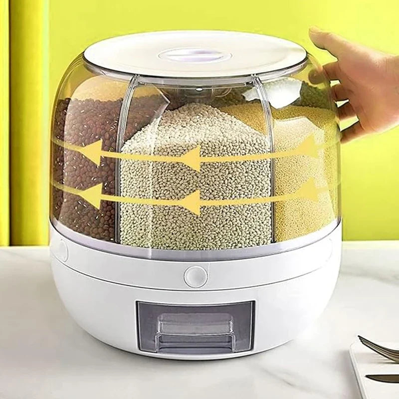 Premium 360° Rotating 6-Grid Grain Dispenser – One-Touch Cereal & Rice Organizer