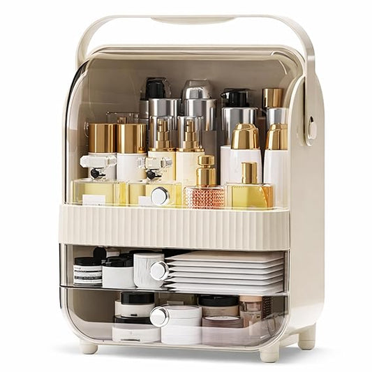 Large Cosmetic Organizer Box with Handle – Dustproof Makeup Storage Cabinet with Drawer