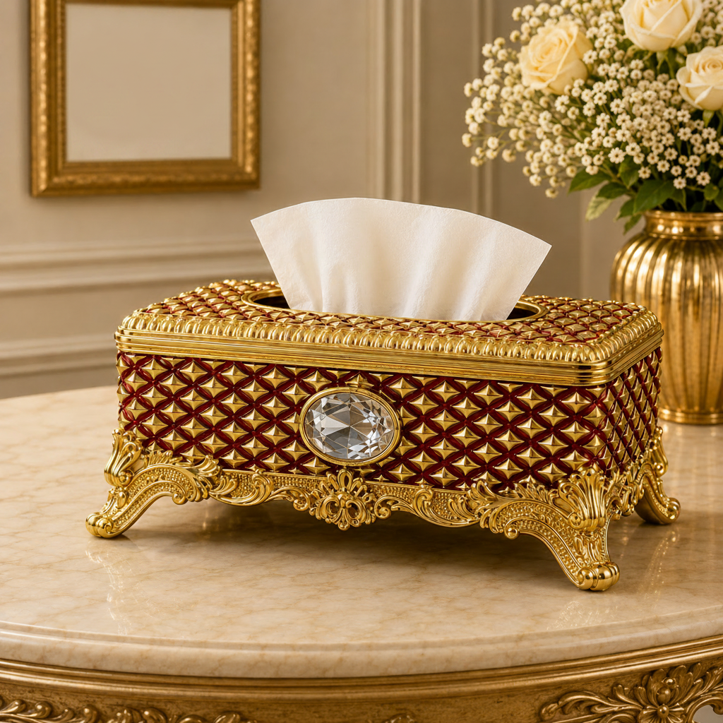 Ornate Crystal Tissue Box with Gold Baroque Base