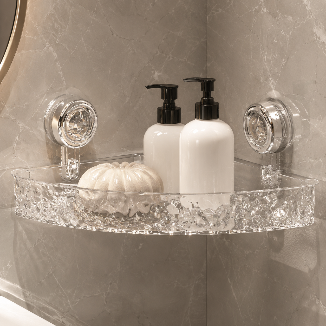 Acrylic Corner Suction Shelf – Drill-Free Bathroom Corner Rack