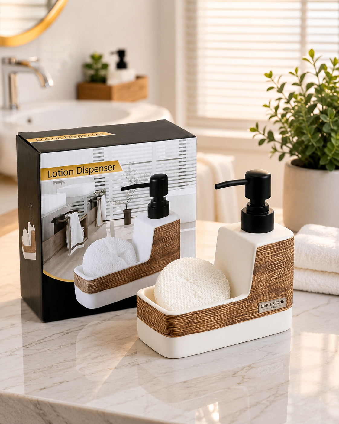 2 In 1 Ceramic Soap Dispenser with Sponge Holder, Elegant Countertop Soap Dispenser Set, Kitchen And Bathroom Soap Pump Organizer