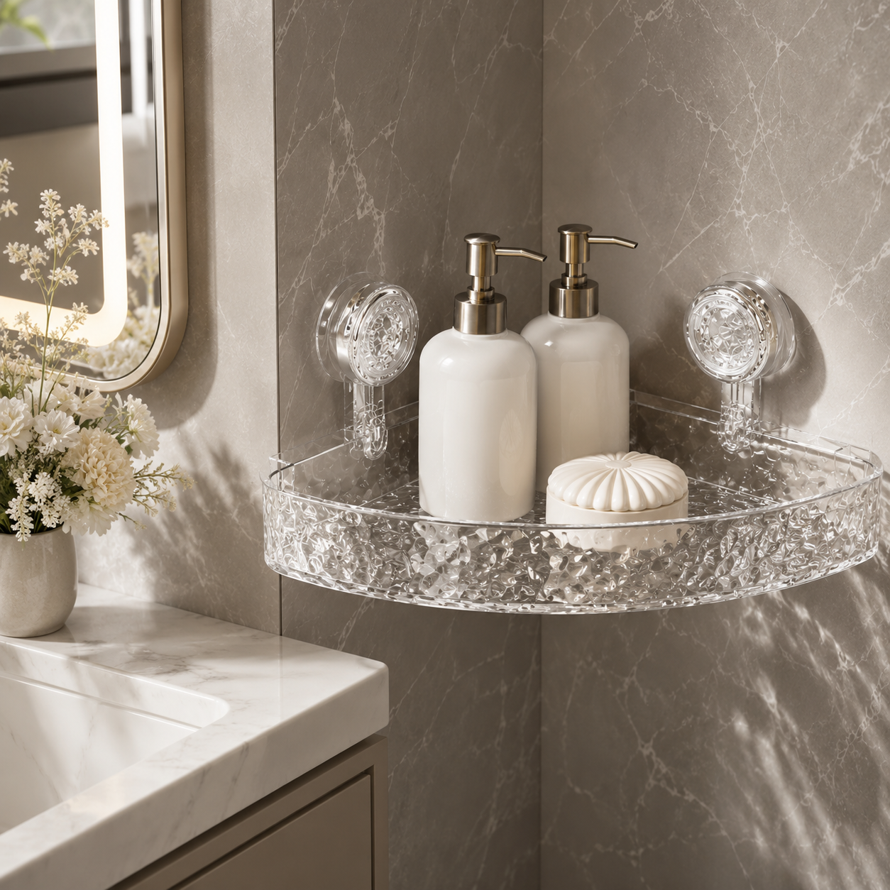 Acrylic Corner Suction Shelf – Drill-Free Bathroom Corner Rack