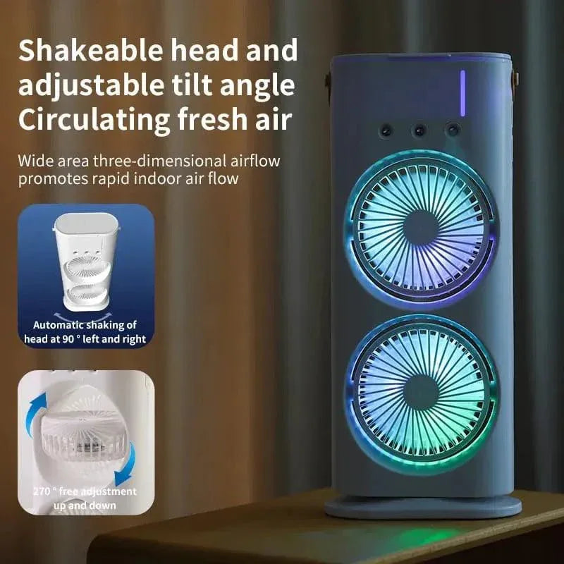 Electric Mist Fan – Dual Spray with Auto Rotation & RGB Lighting