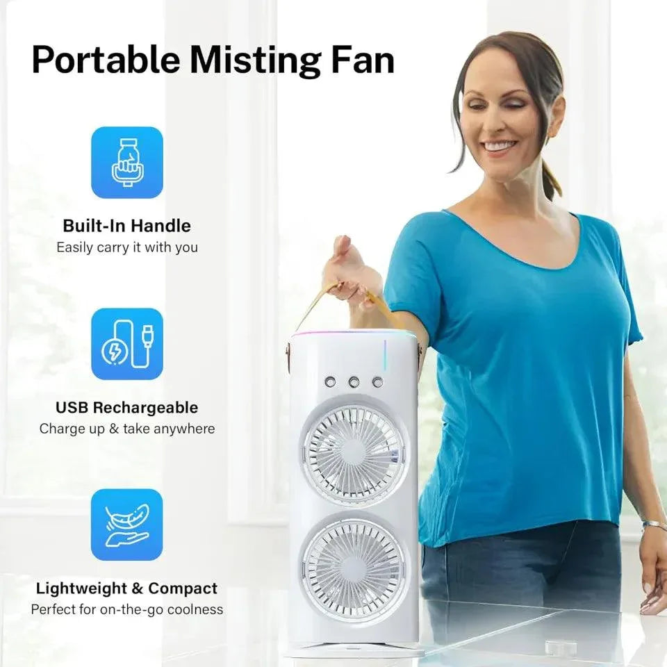Electric Mist Fan – Dual Spray with Auto Rotation & RGB Lighting