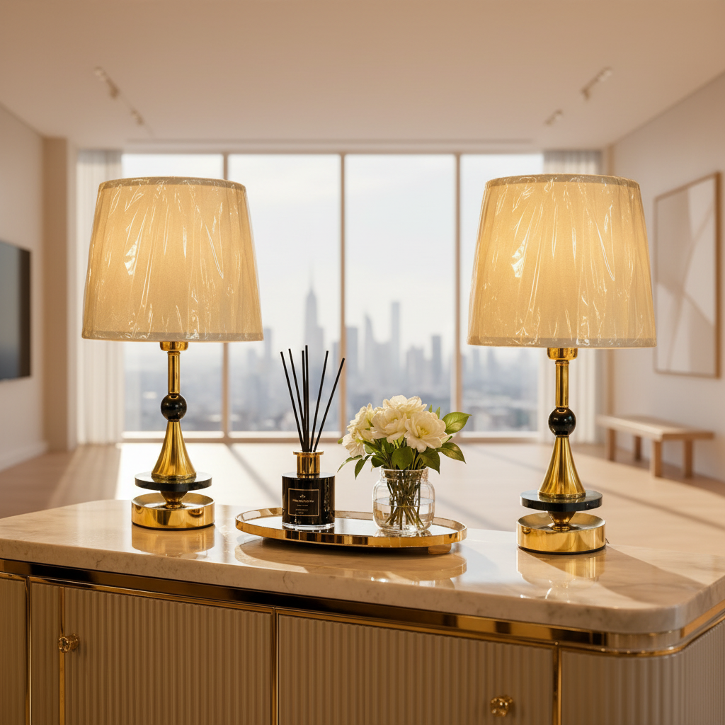 Modern Ice-Gold Metal Side Table Lamp Pair