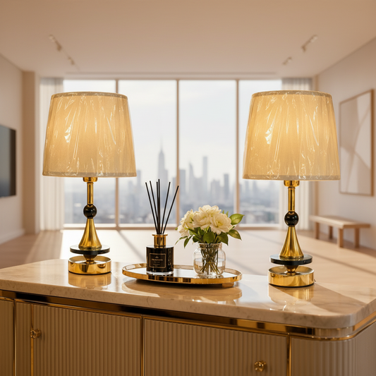Modern Ice-Gold Metal Side Table Lamp Pair