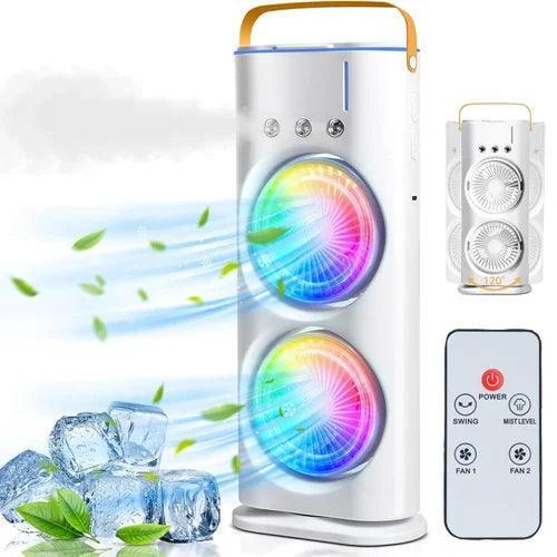 Electric Mist Fan – Dual Spray with Auto Rotation & RGB Lighting