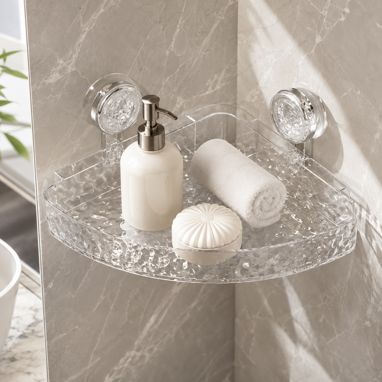 Acrylic Corner Suction Shelf – Drill-Free Bathroom Corner Rack