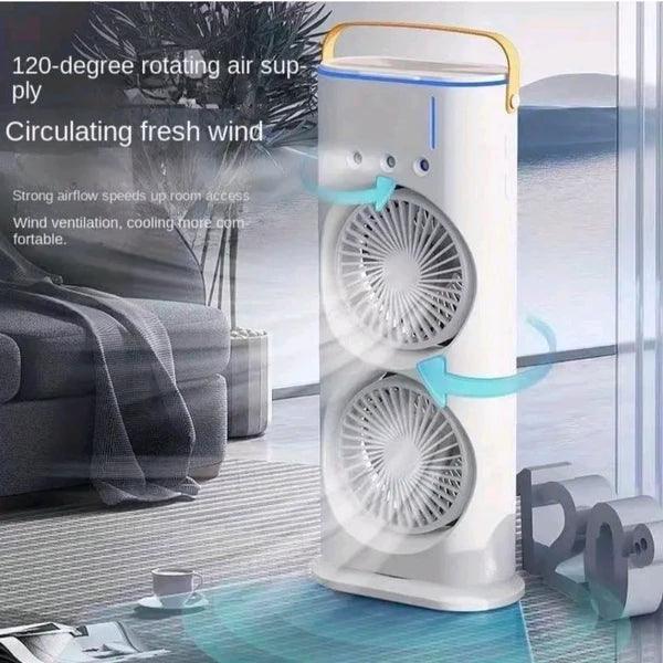 Electric Mist Fan – Dual Spray with Auto Rotation & RGB Lighting