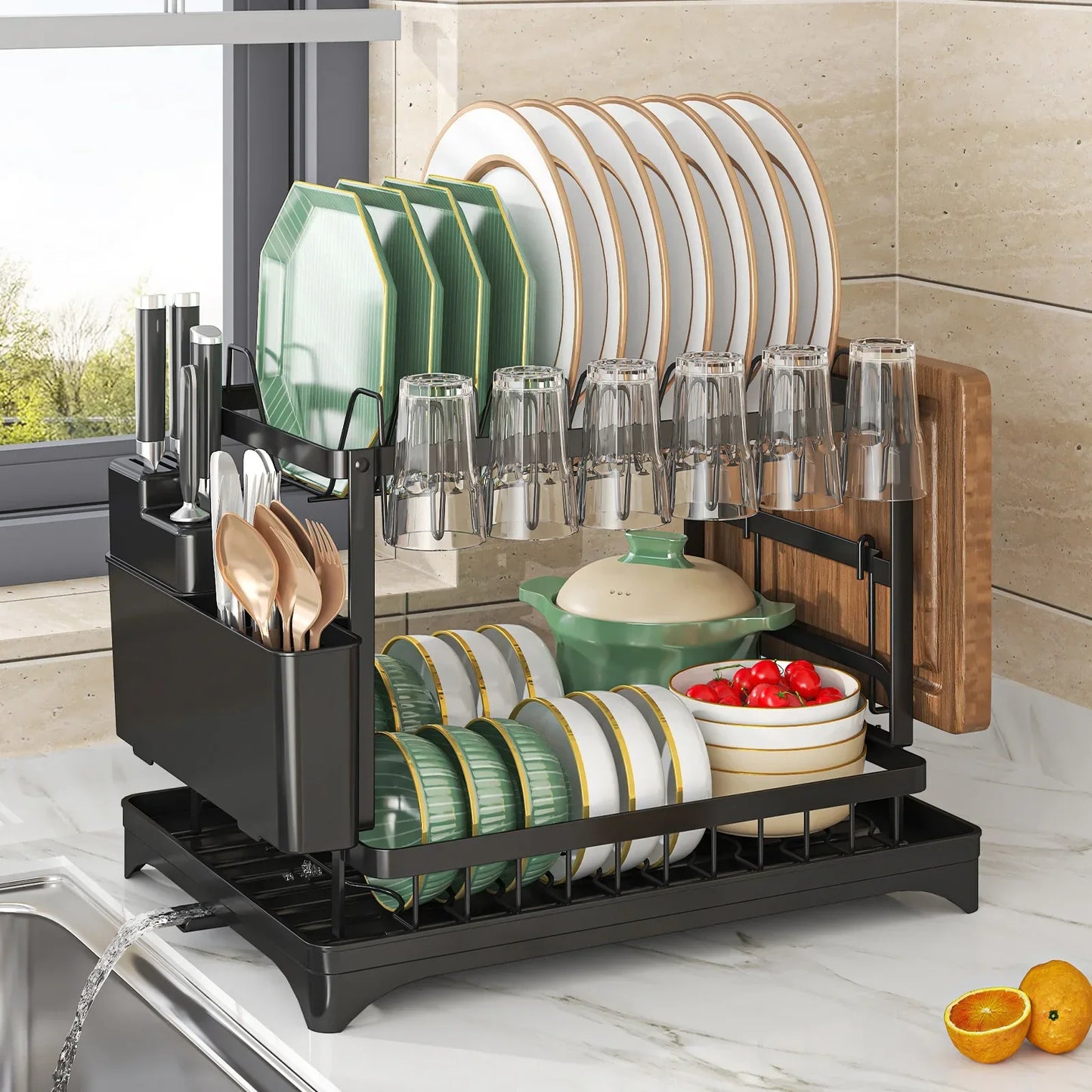 SRL 2-Tier Dish Drying Rack with Utensil Holder