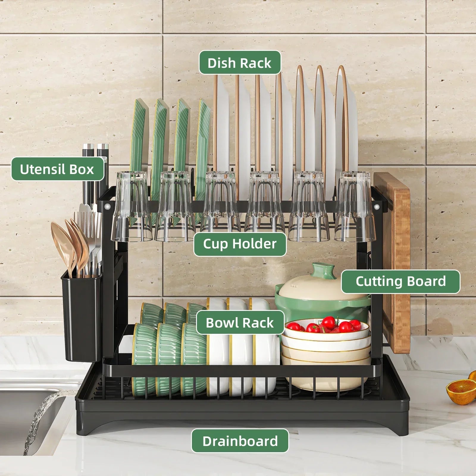 SRL 2-Tier Dish Drying Rack with Utensil Holder