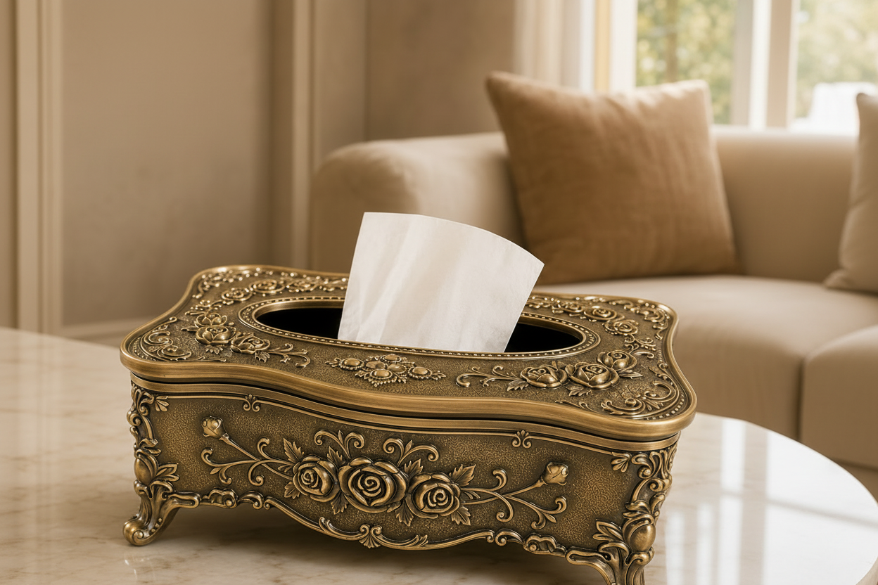 Antique Bronze Floral Tissue Box with Ornate Feet