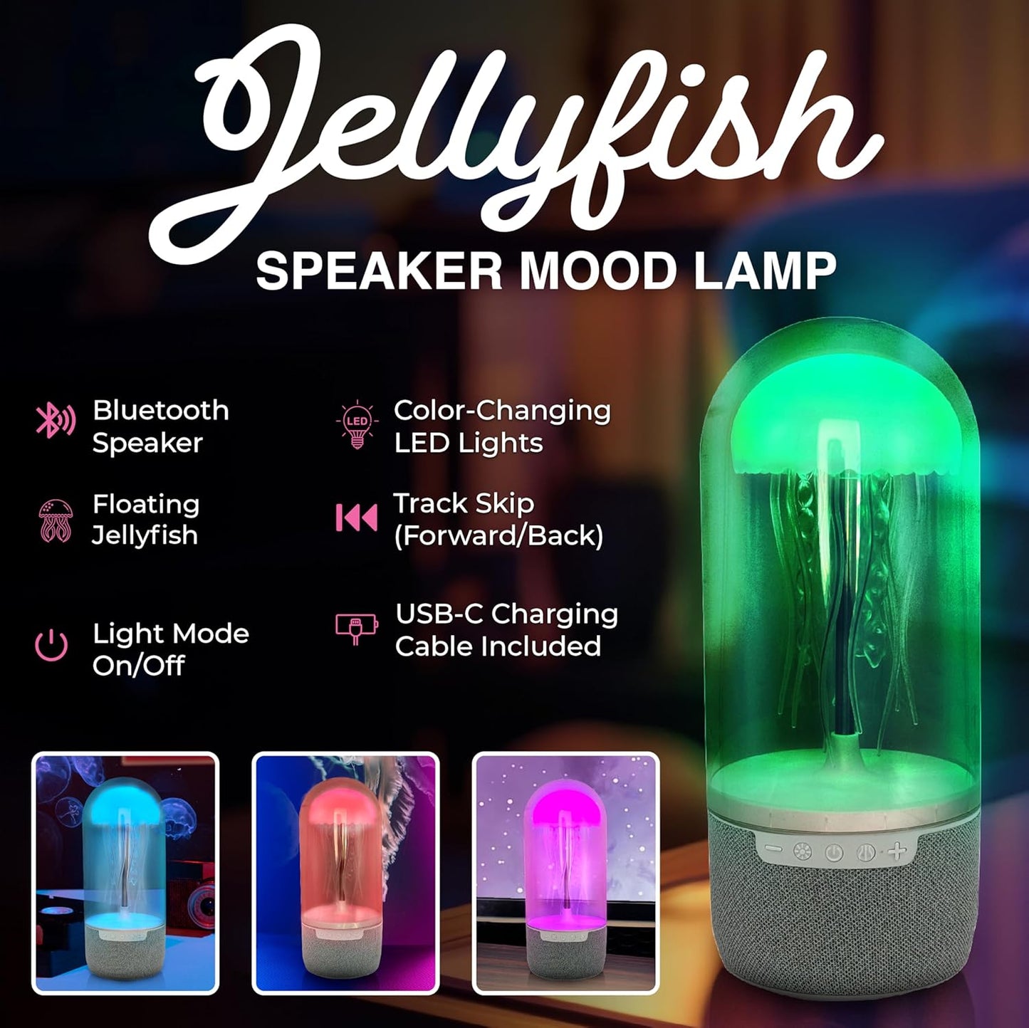 Wireless Jellyfish Mood Lamp with Bluetooth Speaker, Color Changing LED, Floating Jellyfish, Volume Control