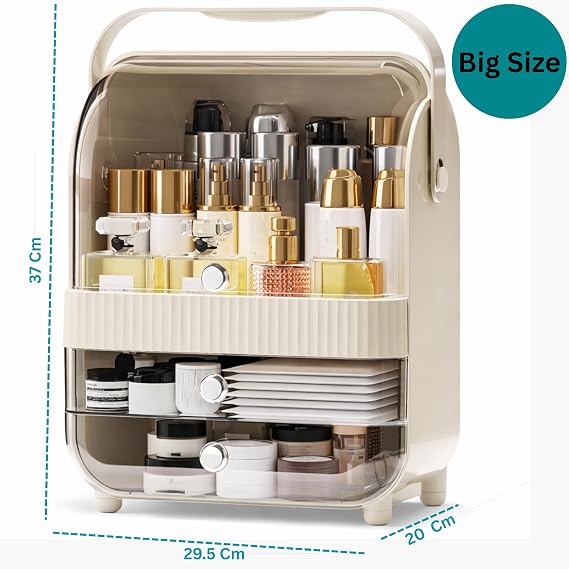 Large Cosmetic Organizer Box with Handle – Dustproof Makeup Storage Cabinet with Drawer