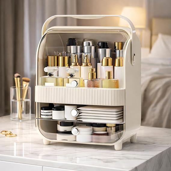 Large Cosmetic Organizer Box with Handle – Dustproof Makeup Storage Cabinet with Drawer