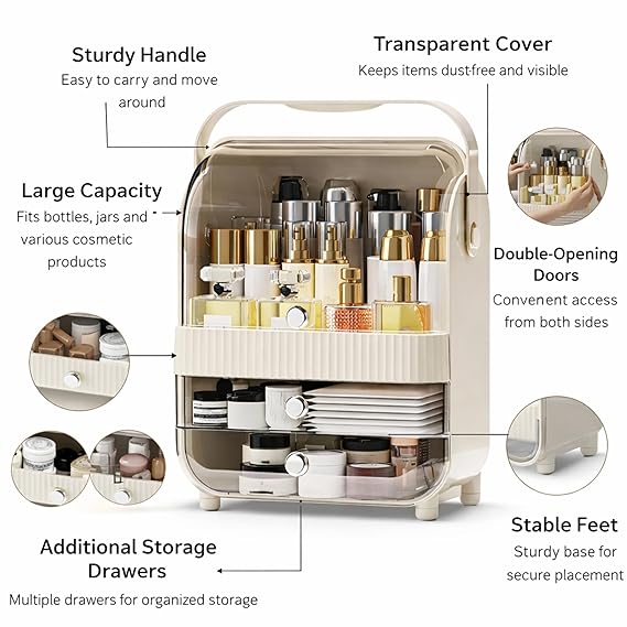 Large Cosmetic Organizer Box with Handle – Dustproof Makeup Storage Cabinet with Drawer