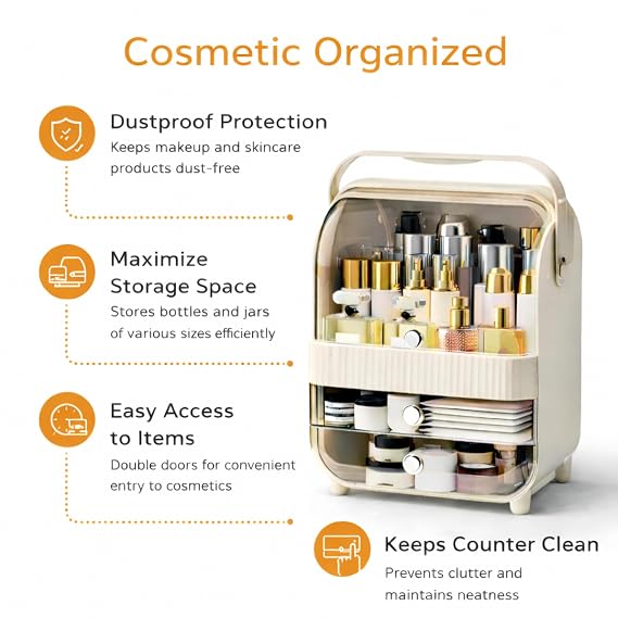 Large Cosmetic Organizer Box with Handle – Dustproof Makeup Storage Cabinet with Drawer