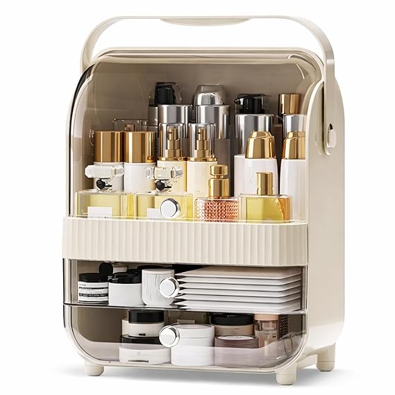 Large Cosmetic Organizer Box with Handle – Dustproof Makeup Storage Cabinet with Drawer