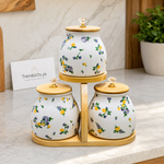 Airtight Floral Ceramic Jar Set with Stand – 3Pcs