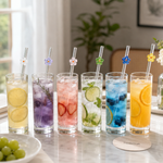 Flower Glass Straw Set with Cleaning Brush – 6 Pcs