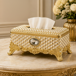 Ornate Crystal Tissue Box with Gold Baroque Base