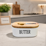 Porcelain Butter Dish with Wood Lid & Knife