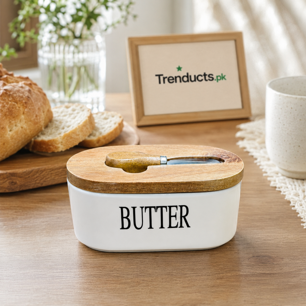 Porcelain Butter Dish with Wood Lid & Knife