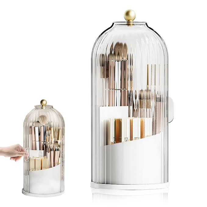 Makeup Brush Holder Organizer with Lid, 360° Rotatable Makeup Brushes Storage Case