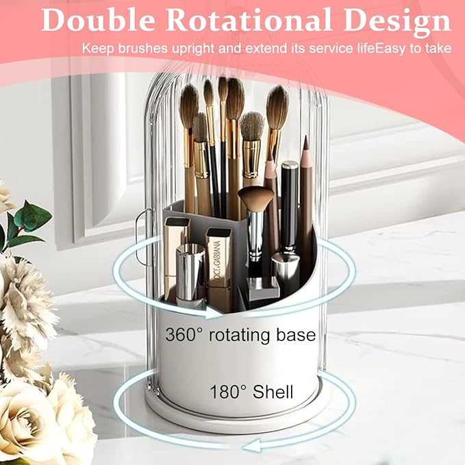 Makeup Brush Holder Organizer with Lid, 360° Rotatable Makeup Brushes Storage Case