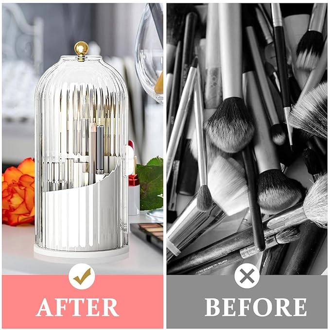 Makeup Brush Holder Organizer with Lid, 360° Rotatable Makeup Brushes Storage Case