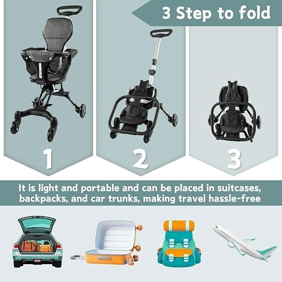 Compact Folding Baby Stroller Trike with Canopy, Adjustable Seat,Premium Quality