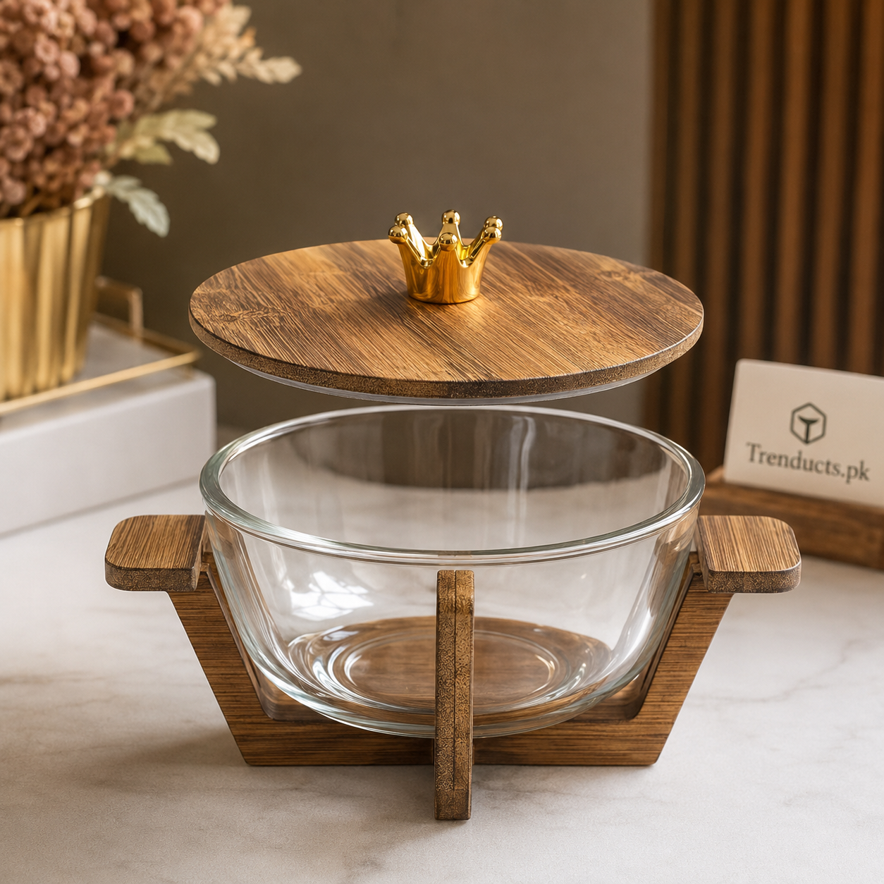 Walnut Wood Glass Salad Bowl with Lid & Stand