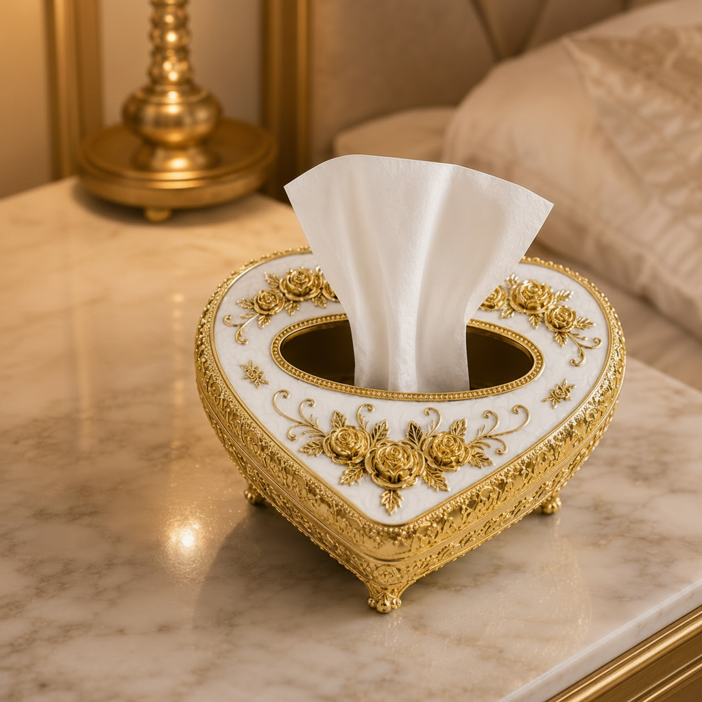 White & Gold Heart-Shaped Floral Tissue Box
